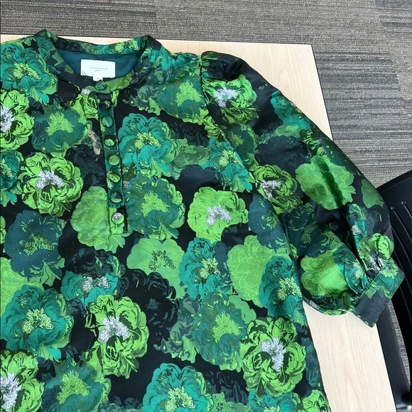 NEW Pomander Place Tuckernuck green floral jacquard Samantha dress puff sleeves - Picture 6 of 13